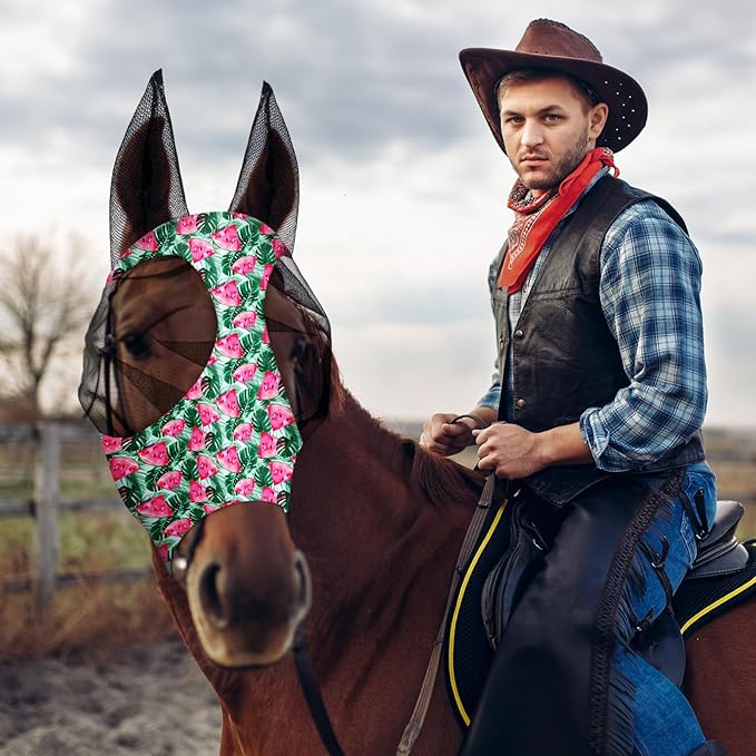 Frienda 4 Pieces Horse Fly Masks with Ears Face Covering UV Protection from Insect Pests Elasticity Smooth Comfortable Mesh Horse Mask Accessories(Fruit,Large)-PurrikoPets