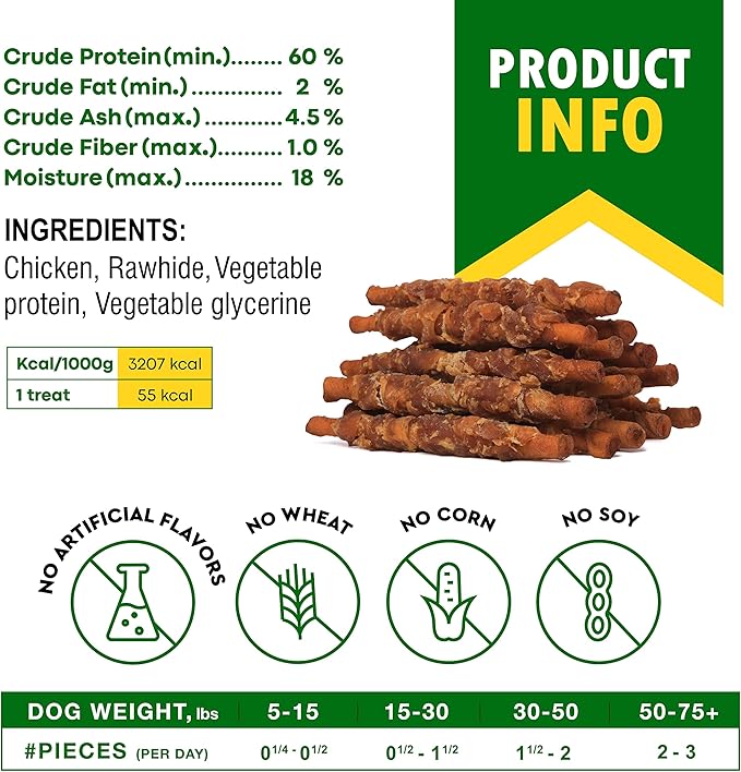 Dog Treats Rawhide Sticks Wrapped with Chicken 11 oz Pet Natural Chew Treats - Grain Free Meat & Human Grade Dried Snacks - Best for Small & Large Dogs (10.6 Ounce (Pack of 1), Smoked Chicken)-PurrikoPets