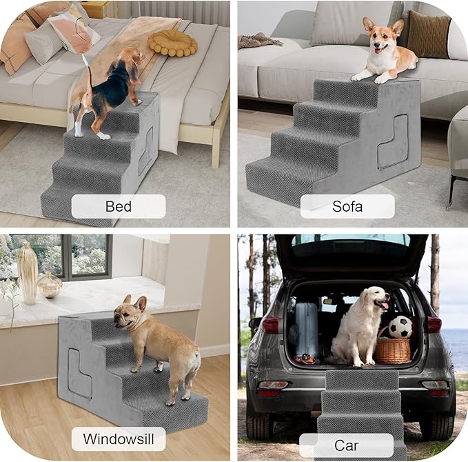 Dog Stairs for Small Dogs 27”H, 6-Step Dog Steps for High Bed, High-Density Foam Pet Stairs with Non-Slip Removable Washable Cover to Get on Bed-PurrikoPets