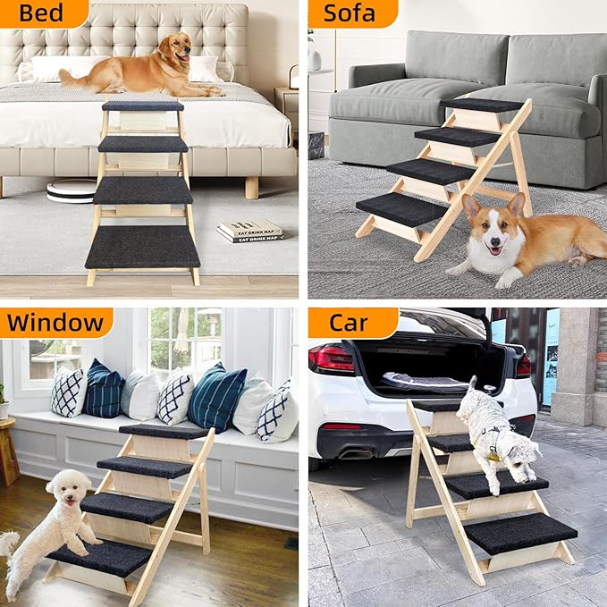 Dog Stairs/Ramp for Bed, Wooden Convertible Pet Steps, Portable Dog Ladder Up to 180 Pound for Elderly/Short-Legged Dogs, 4 Steps for Beds, Couch, Cars-PurrikoPets