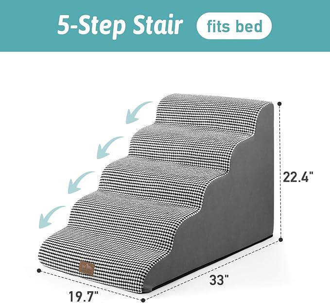 Extra Wide Dog Stairs 19.7" Width, Large Pet Step for Small Medium Dog, Puppy or Cat, Ramp for High Bed or Car, High Density Foam Ladder, Stable, 5 Step, 19.7x33x22.4 inch, White Black-PurrikoPets