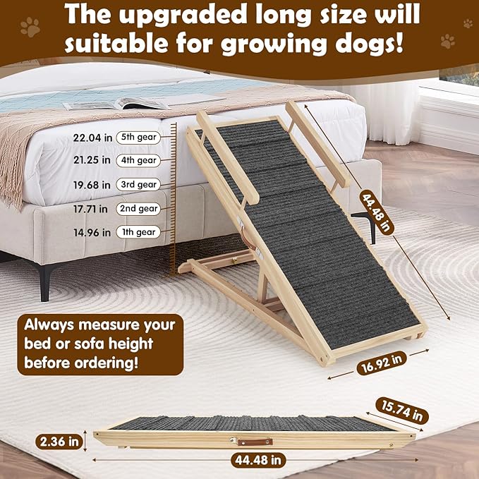 Dog Ramp for Couch, Bed or Car, Wooden 44" Long Pet Stairs for Small & Large Old Dogs & Cats, Hold up to 200lb, 5 Adjustable Height from 14.96" to 22", Portable Doggie Steps, Excellent Traction-PurrikoPets