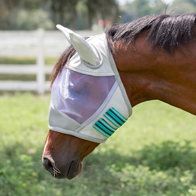 Equinavia Algard Soft Mesh Horse Fly Mask with Ear Protection and 45 UPF Rating | No Eye Irritation & UV Protection - Silver/Turquoise - Pony-PurrikoPets