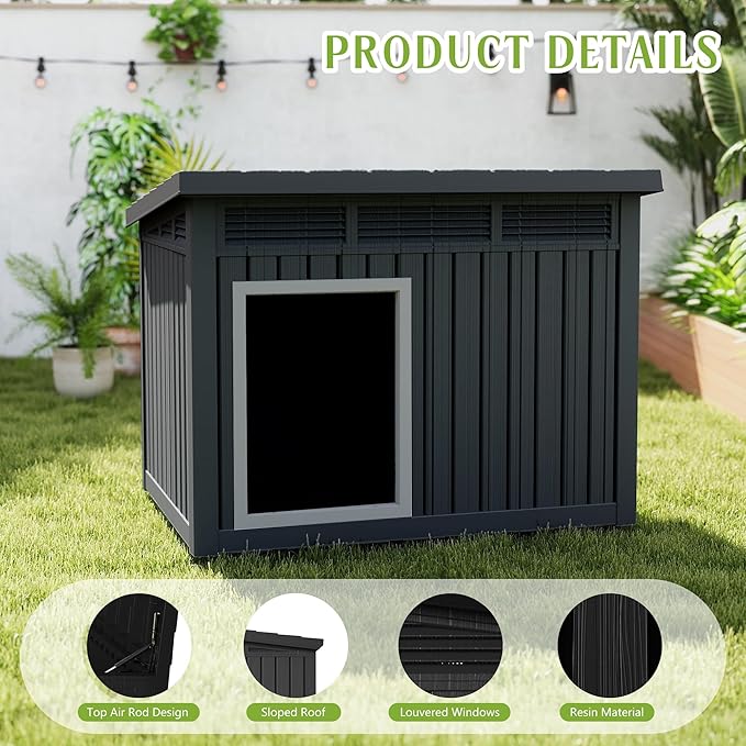 Dog House Indoor Outdoor,Resin Waterproof Puppy Shelter with Air Vents and Elevated Floor,Air Rod on Top to Open,Dog Kennel for Small to Large Dogs(Black,42.87 * 32.95 * 31.61)-PurrikoPets
