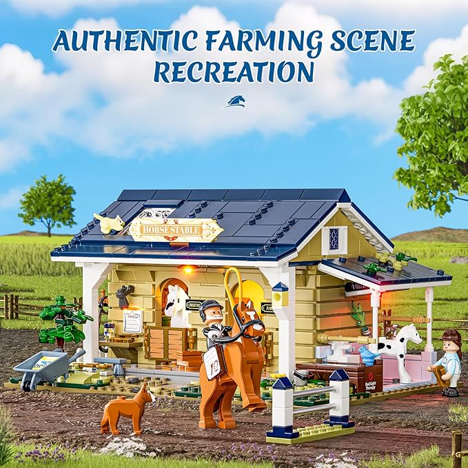 FUNWHOLE Farm Horse-Stable Lighting-Building-Bricks Set - Farm Life Horse Animals Cabin Collection LED Light Cottage Model Display Set 973 Pcs for Adults and Teen-PurrikoPets