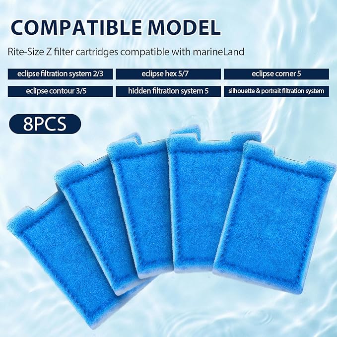 8 Pack Fish Tank Rite-Size Z Filter Cartridges Compatible with MarineLand Aquarium Eclipse Filtration Systems & Hidden Filtration System, and Fit for MarineLand Ailhouette & Portrait Filtration System-PurrikoPets