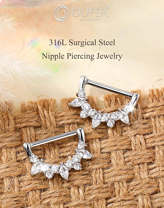 OUFER 2PCS Shield Nipple Rings for Women, 316L Surgical Steel Nipple Piercing Jewelry, Clear CZ Clicker Body Piercing Jewelry Barbells-14mm