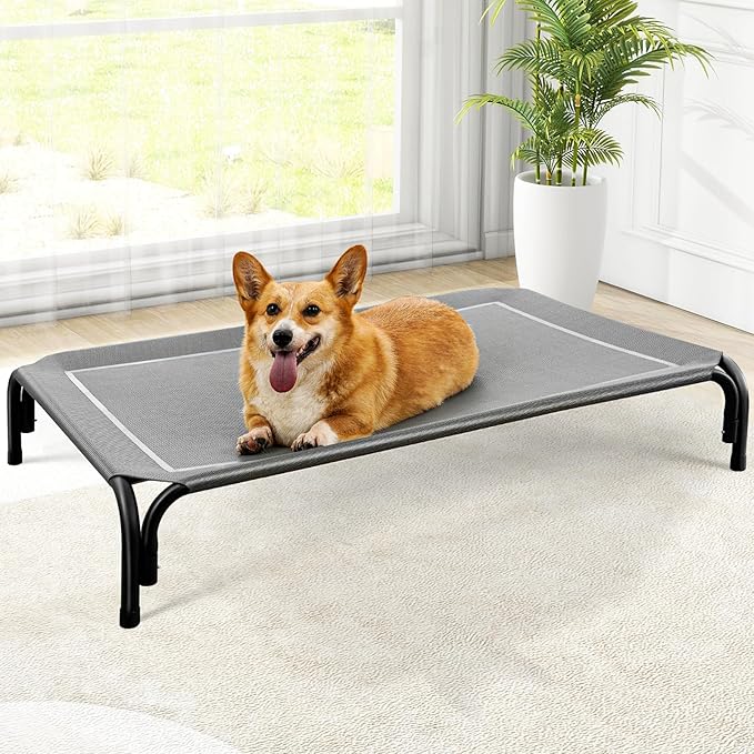 Elevated Dog Bed, Raised Outdoor Dog Bed for Medium Sized Dog, Portable Cooling Pet Cot with Breathable & Washable Mesh, Indoor & Outdoor Pet Hammock with Skid-Resistant Feet.-PurrikoPets