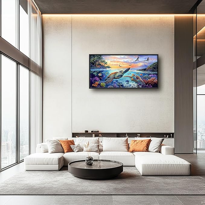Framed Large Sea Turtle Wall Art for Living Room, Oversized Ocean Turtle Wall Decor Seascape Underwater Marine Life Canvas Painting Home Decoration for Living Room Bedroom Office 60"x30"-PurrikoPets