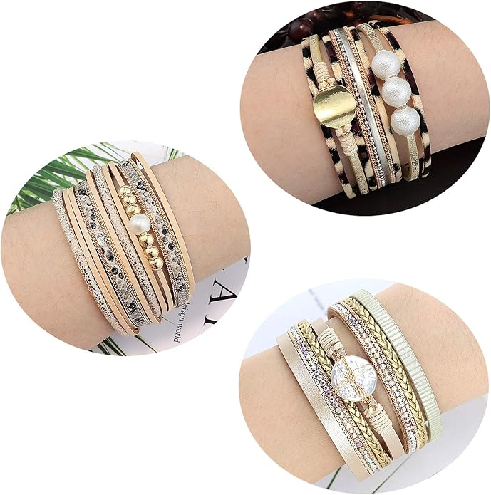 Wowanoo 3Pack Leather Cuff Bracelet Set Multilayer Wrap Bracelet Crystal Feather Tree Bracelet Magnetic Clasp Bracelet for Women