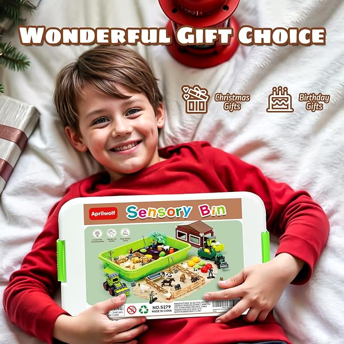 69 PCS Farm Sensory Bin Toys Playset, Sandboxes with Sand, Farmer Tractor & Farm Animals Figures Toys for Kids 3 4 5, Gifts for 6 7 Years Old Boys Girls Toddlers-PurrikoPets
