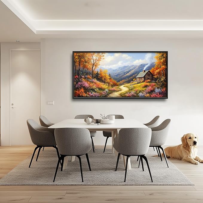 Framed Large Autumn Mountain Wall Art for Living Room, Oversized Wildflower Tree Wall Decor Nature Landscape Canvas Painting Modern Artwork Home Decoration for Living Room Bedroom 60"x30"-PurrikoPets