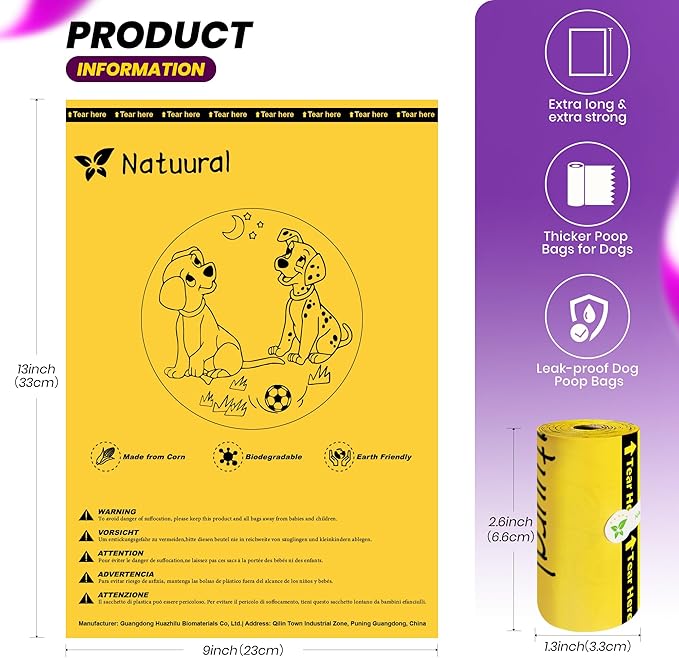 Dog Poop Bags-150 Counts with Holder (10 Rolls), Biodegradable Poop Bags, Eco-friendly and Easy to Open, Thick Dog Waste Bags (Yellow)-PurrikoPets