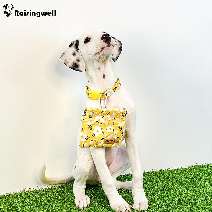 Dog Treat Pouch, Pocket Sized Pet Training Pouch, Cotton Fabric, Hand Free Yellow Flower Dog Walking Bag with Carabiner, Self-Closing Pet Feed Snack Reward, for Puppy Travel or Outdoor Use-PurrikoPets