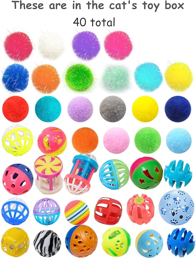 40-Piece Cat Toy Variety Pack for Indoor Cats and Kittens, Bouncy Paws (1.5'' - 2.2'', Cat Toys Deluxe Pack)-PurrikoPets