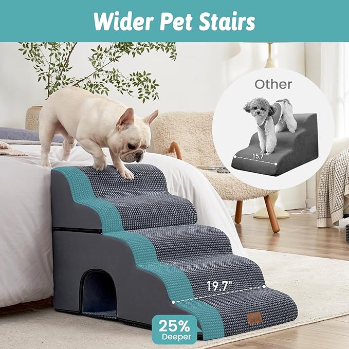 Extra Wide Dog Stairs with Tunnel, Detachable Large Pet Step for Small Medium Dog, Puppy or Cat, Ramp for High Bed, Couch, Sofa or Car, Stable, 19.7x33x22.4 inch, 5 Step, Dark Grey-PurrikoPets