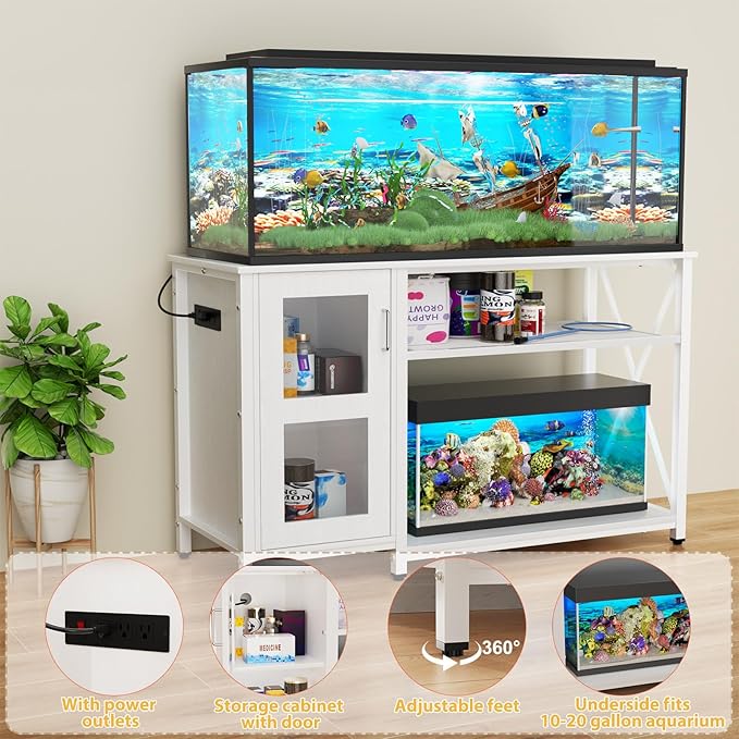 55-75 Gallon Fish Tank Stand with Cabinet, Aquarium Stand for Fish Tank Accessories Storage, Heavy Duty Metal Terrarium Stand, 52" L*19" W Tabletop, 1200LBS Capacity, White-PurrikoPets