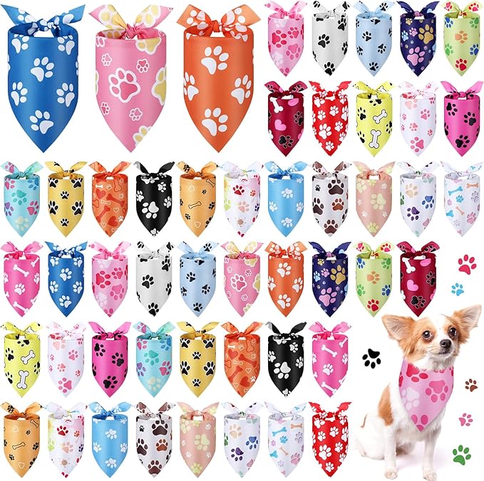 Abbylike 50 Pcs Paw Print Dog Bandanas Bulk Soft Triangle Scarves for Pets Party Costume Doggie Walking Photo Props Bibs for Pets Shops Adoption Events Halloween Party Gifts(31.5 x 21.7 x 21.7 Inch)-PurrikoPets