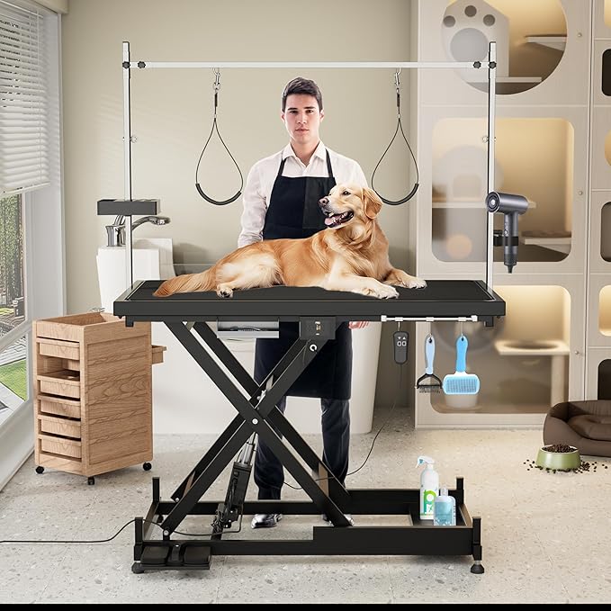 Electric Pet Grooming Table for Large Dogs - Professional Heavy Duty Height Adjustable Pet Grooming Station with Anti Slip Tabletop, Two Nooses & Tool Organizer, Maximum Capacity Up to 250 lbs Black-PurrikoPets