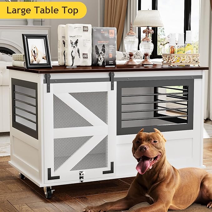47 inch XL Dog Crate Furniture with Top-Access Teasing/Feeding Doors, Farmhouse Wooden Decorative Dog Crates with Wheels, Chew-Resistant Dog Crates End Table for Medium&Large Dogs, White-PurrikoPets