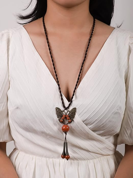 MINACHI Hippie Boho Colorful Ceramic Bead Butterfly Charm Pendant Y Necklace, Vintage Bohemian Statement Jewelry Gift for Women