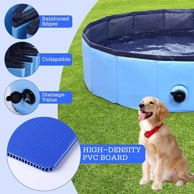 Foldable Dog Bath Swimming Pool Plastic Kiddie Pool Professional Tub Collapsible Grooming Bathtub for Pets Kids Baby and Toddler, 79 x 12 Inches Blue-PurrikoPets