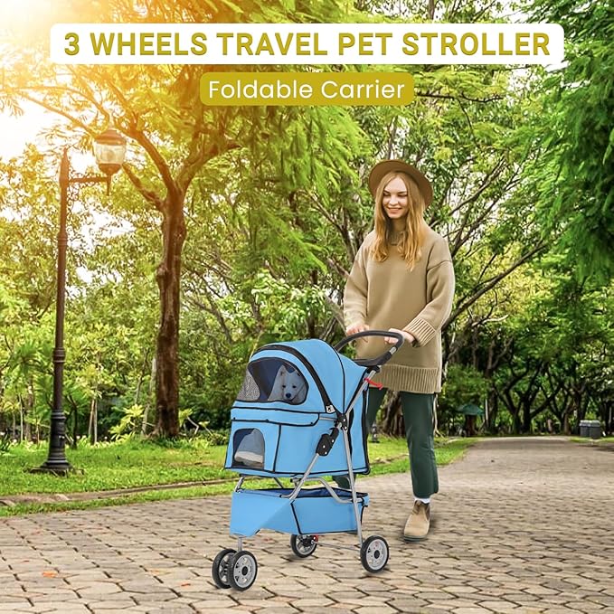 Foldable Pet Stroller for Cats and Dogs 3 Wheels Carrier Strolling Cart with Weather Cover, Mesh Panels，Storage Basket Cup Holder，Blue-PurrikoPets