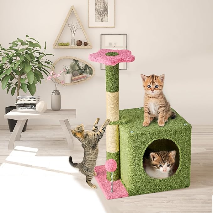 24 Inch Cat Tree Condo for Indoor Cats with Floral Sisal Scratching Post, Plush Hang Ball Play Furniture for Kittens Cats, Pink-PurrikoPets