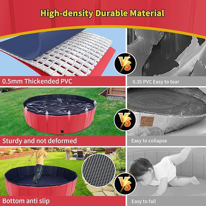 Foldable Dog Pool, 71" x 14" Large Kiddie Pool with Hard Plastic, Non-Slip Dog Bath Tub for Outdoor Backyard, Collapsible Dog Swimming Pool for Kids Dogs Pets (Red)-PurrikoPets