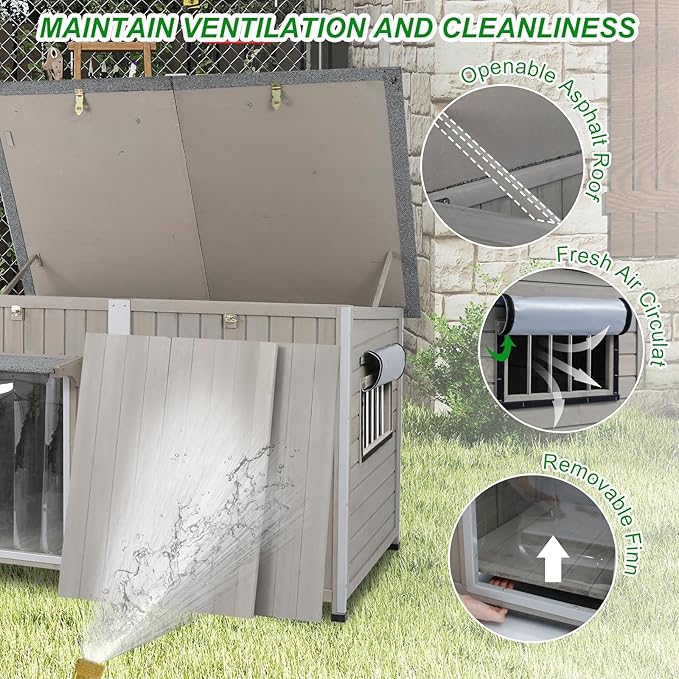 Dog House Outdoor Weatherproof & Wooden Dog Kennel with Chew-Proof Iron Frame，Removable Floor, Adjustable Vent Window, Easy Assembly for Large and Extra-Large Dogs 55.1" D x 33.1" W x 34.8" H-PurrikoPets