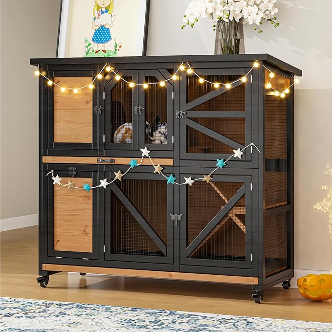 47.3" Two Story Rabbit Cage Bunny Cage Indoor, Wooden Rabbit Hutch Hamster Cages for Small Animals, Outdoor Guinea Pig Cages with Wheels & 2 Removable Trays & Bottom Wire Mesh-PurrikoPets