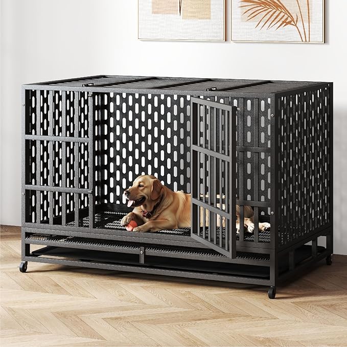 48/42 Inch Heavy Duty Indestructible Dog Crate Steel Escape Proof, Indoor Double Door High Anxiety Cage, Kennel with Wheels, Removable Tray, Extra Large XL XXL-PurrikoPets