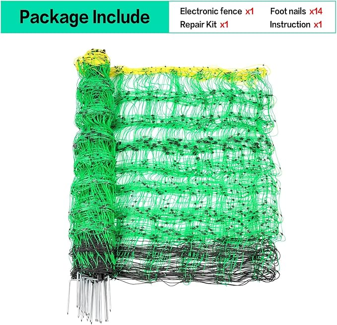 Electric Fence Netting, 49.6" H x 164' L, PE Net Fencing Kit with 14 Posts Double Spiked, Utility Portable Mesh for Sheep Hogs Goats Deer Dogs Lambs Used in Backyards Farms Ranches Patio, Green-PurrikoPets