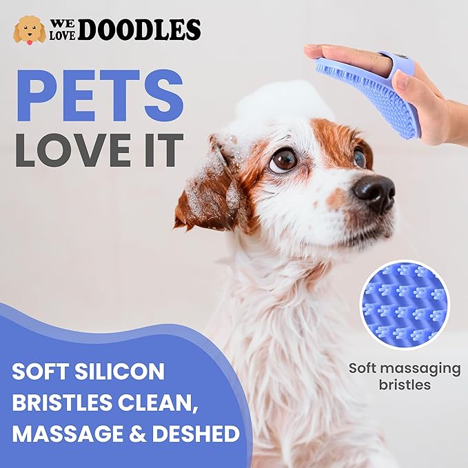 Dog Grooming Bath Brush, Pet Rubber Brush For Shower Scrubbing & Soothing Massage, Ideal for Long & Short Haired Dogs and Cats, Essential Puppy Grooming Accessories, Short Pins [We Love Doodles]-PurrikoPets