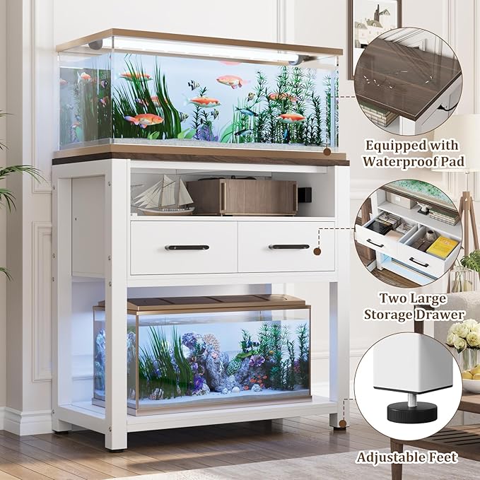 20-29 Gallon Aquarium Stand with Stable Metal Frame & Power Outlet, Heavy-Duty Fish Tank Stand with Waterproof Mat, 550LBS Capacity Storage Cabinet, White+Brown-PurrikoPets