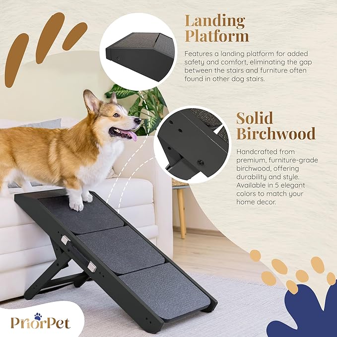 Dog Steps for Bed & Couch 2-in-1 Dog Stairs/Ramp - Height Adjustable Dog Ramp for Couch 7” - 20” - Pet Stairs, Dog Stairs for Small Dogs - Easy to Move Pet Steps with Landing Platform, Black-PurrikoPets