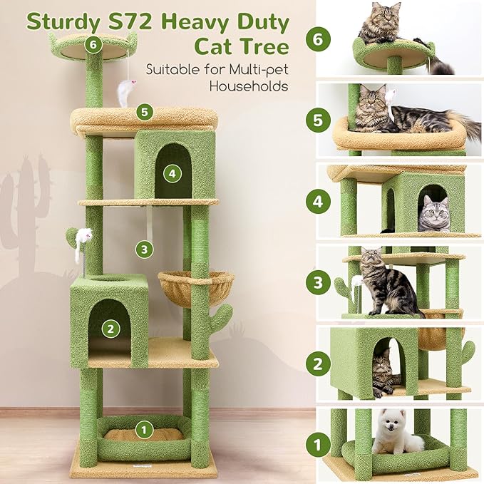 Globlazer Heavy Duty Cactus Cat Tree for Large Cats, Sturdy 72in Maine Coon Cat Tree for Large Cats 20 lbs+ Cactus Cat Tower for Adult Biggest Cats with 6 Scratching Posts, Hammock, S72, Green-PurrikoPets