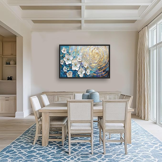 Flower Large Wall Art White Floral Pictures Abstract Golden Spiral Texture Wall Decor Canvas Print Painting Artwork for Bathroom Living Room Bedroom 36L" x 24W"-PurrikoPets