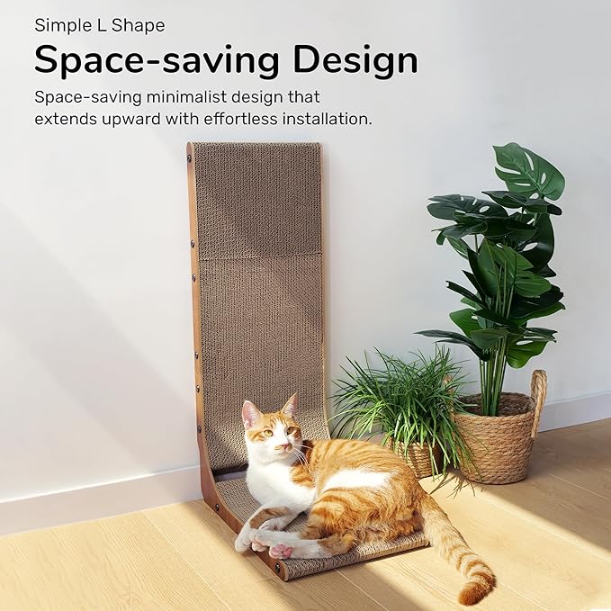 FUKUMARU Cat Scratcher, 26.8 Inch Cat Scratch Pad for Indoor Cats, L Shaped Cardboard Vertical Cats Scratching Board with Ball Toy, Walnut Color, 1 Pack-PurrikoPets