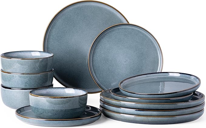 GBHOME Ceramic Dinnerware Sets for 4, 12 Pieces Stoneware Plates and Bowls Sets, Reactive Glaze Dishes -Scratch Resistant, Dishwasher&Microwave Safe, Space Blue-PurrikoPets