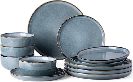 GBHOME Ceramic Dinnerware Sets for 4, 12 Pieces Stoneware Plates and Bowls Sets, Reactive Glaze Dishes -Scratch Resistant, Dishwasher&Microwave Safe, Space Blue-PurrikoPets