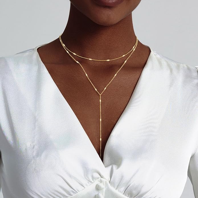 Lariat Silver/Gold Necklace for Women 925 Silver/14K Gold Plated Dainty Long Necklace Y-Shaped Drop Pendant Necklaces Choker Trendy Chain Simple Layered Necklaces CZ Jewelry for Women Set Gift