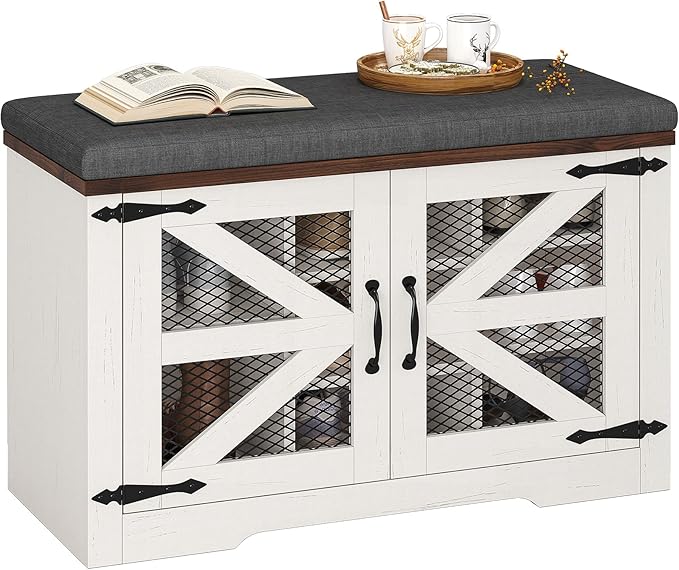 Farmhouse Storage Bench with Cushion, Metal and Wood Shoe Rack Organizer, Adjustable Shelf, Shoe Cabinet with Half Hidden Storage Space, for Entryway, Bedroom, Living Room (Old White, 31.4in)-PurrikoPets