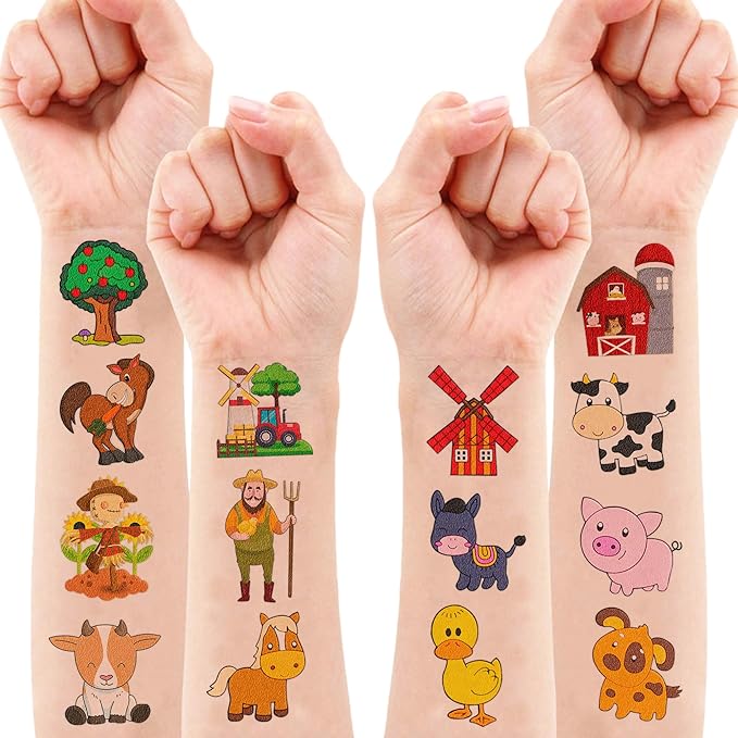 72 PCS Farm Barnyard Animal Pre-Cut Temporary Tattoos Sticker Birthday Decorations Party Supplies Favors Gift Boy Girl Farmhouse Cow Chicken Tattoo School Reward Themed (Normal)-PurrikoPets