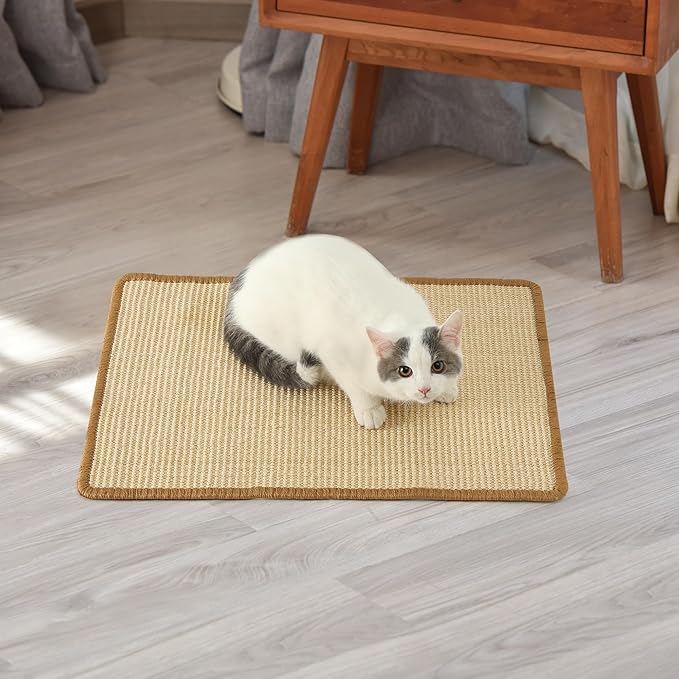 FUKUMARU Cat Scratcher Mat, 23.6 X 15.7 Inch Natural Sisal Cat Scratch Mats, Horizontal Cat Floor Scratching Pad Rug with Sticky Tapes, Protect Sofa and Carpet-PurrikoPets