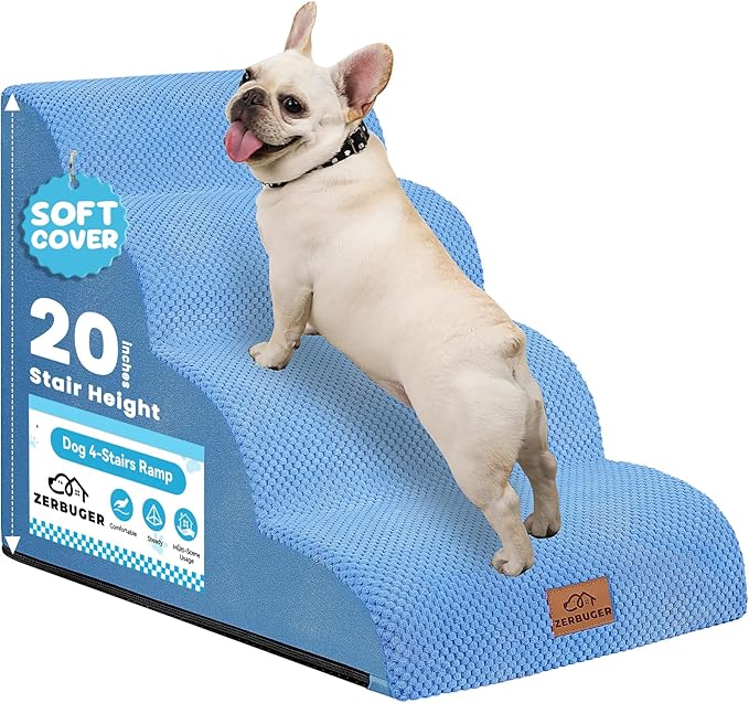 Dog Ramp and Stair for Bed 16" H-20 H,3-Step Cat Stair for Sofa and Chair,4-Step Dog Ramp for High Bed and Window,Durable Nonslip Fabric Cover for Indoor (Blue-20“H, Pet Friendly, 4)-PurrikoPets