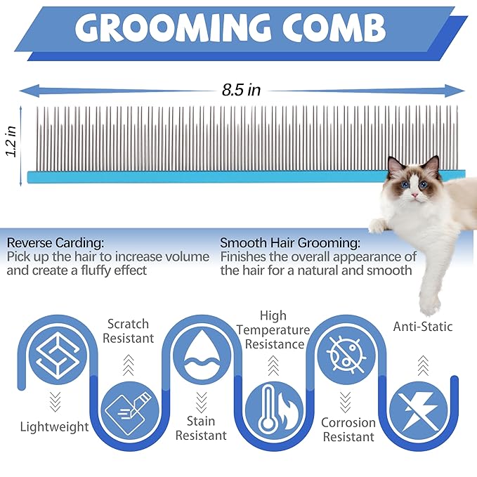 8.5 Inch Upgrade Blue Professional Pet Comb,Dual-Tooth Grooming Comb Anti-Static Smooth Rounded Corners Prevent Friction Breakage and Irritation,Removing Excess Hair for Long-Haired Cats and Dog-PurrikoPets