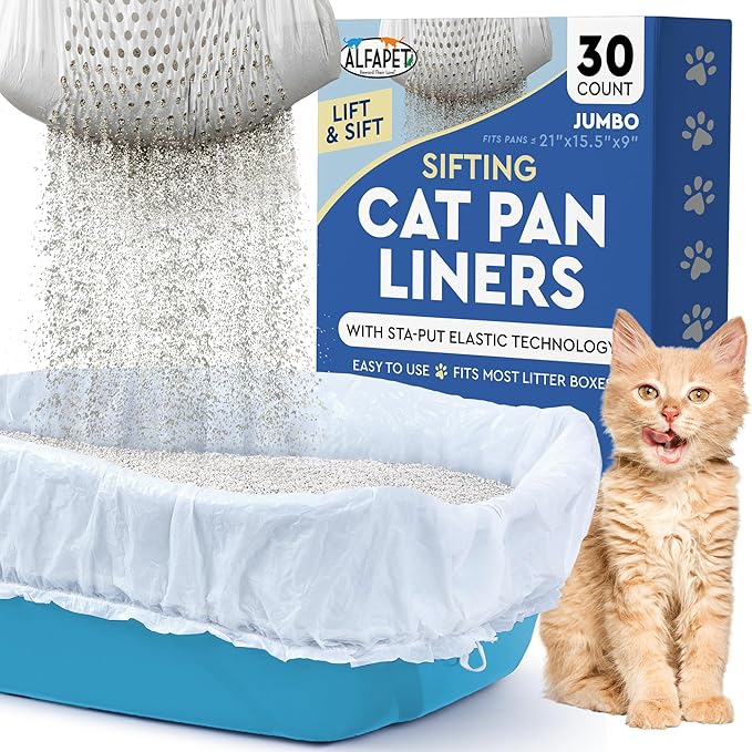 Alfapet Sifting Cat Litter Box Liners - Jumbo 30 Count, Tear-Resistant Cat Litter Bags, Waterproof Kitty Litter Liners, Fits Litterbox Pan Sizes X-Large, X-Giant, 37" x 18" 30 lb Capacity-PurrikoPets