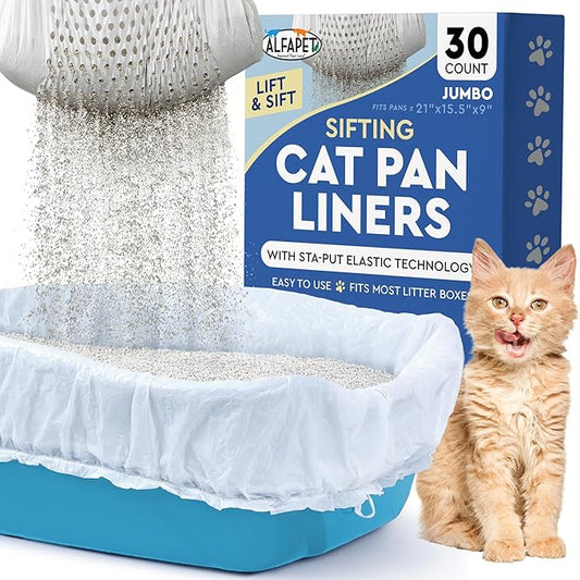 Alfapet Sifting Cat Litter Box Liners - Jumbo 30 Count, Tear-Resistant Cat Litter Bags, Waterproof Kitty Litter Liners, Fits Litterbox Pan Sizes X-Large, X-Giant, 37" x 18" 30 lb Capacity-PurrikoPets