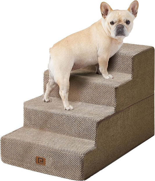 EHEYCIGA Dog Stairs for Bed 20" H, 4-Step Extra Wide Dog Steps for High Bed, Pet Steps for Small Dogs and Cats, Non-Slip Balanced Pet Ramp Indoor, Camel-PurrikoPets